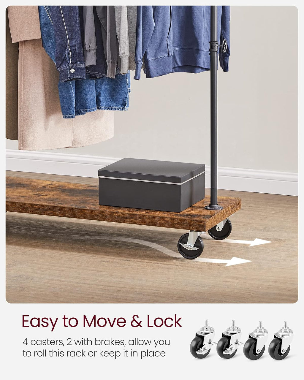 Clothes Rack, Heavy-Duty Rolling Garment Rack with Shelf | Industrial Pipe Style