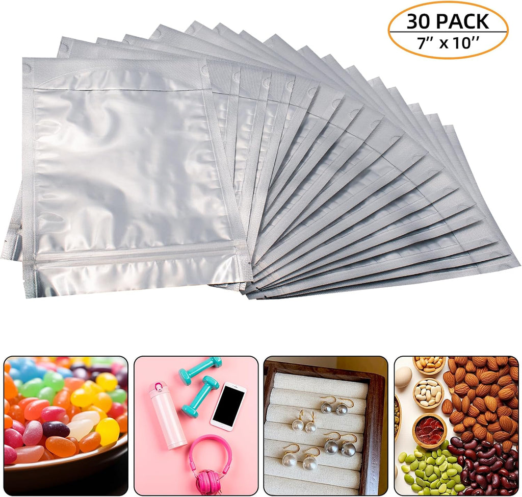 1 Quart 30 Packs Mylar Bags for Food Storage, 7"x 10" With Window, Freeze Dried Candy, Reusable Long Term Storage