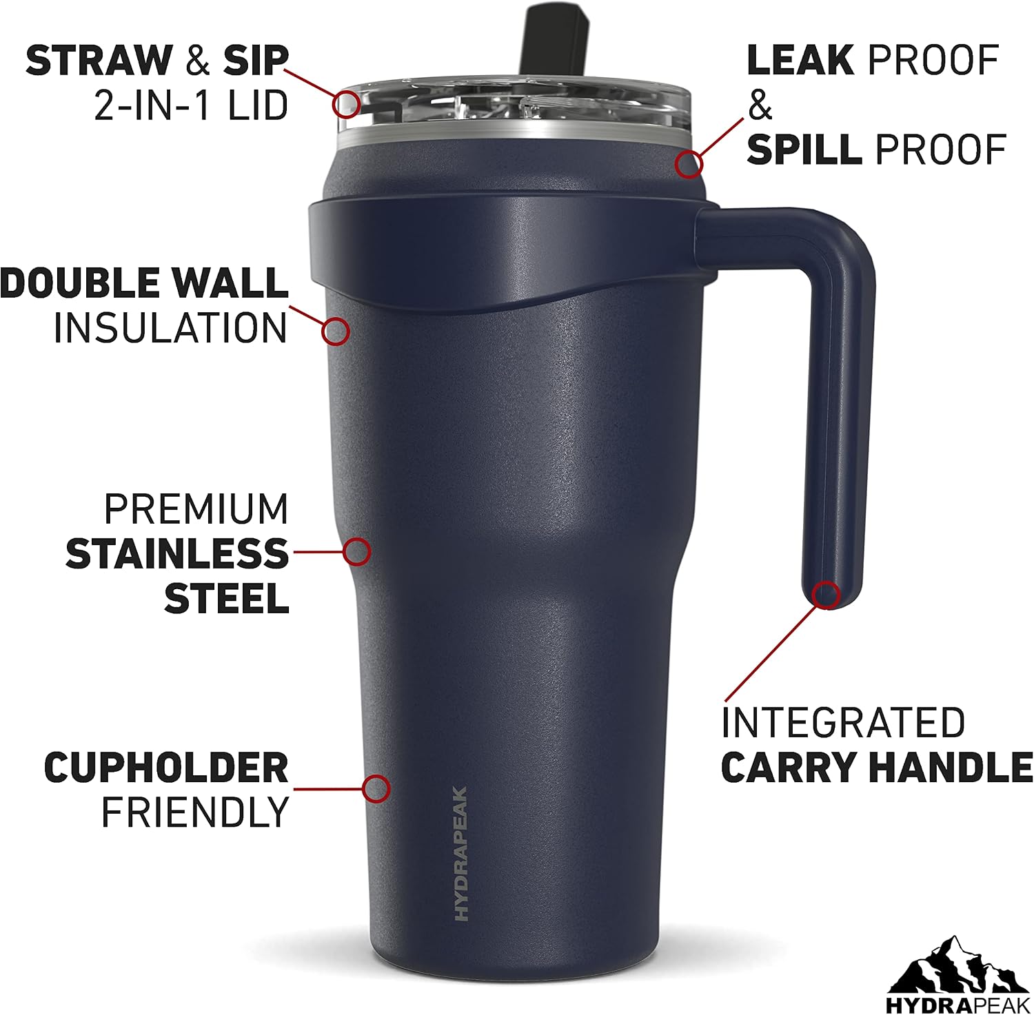 Roadster 40oz Stainless Steel Tumbler Double Wall Vacuum Insulated Water Bottle With Handle And 2 in 1 Straw Lid (Navy)