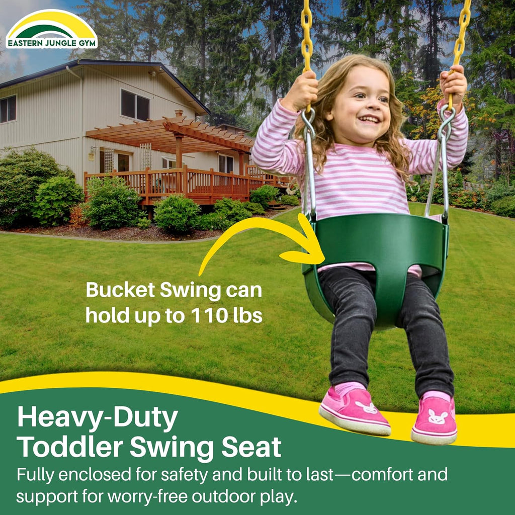 Heavy-Duty High Back Full Bucket Toddler Swing Seat | Coated Swing Chains Fully Assembled | Green Swing Set Accessory