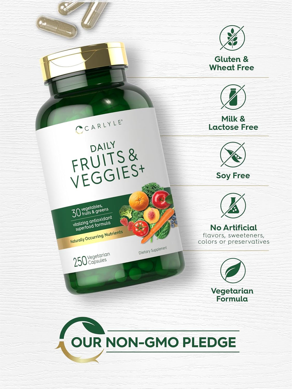 Fruits and Veggies Supplement | 250 Capsules | Made with 30 Fruits and Vegetables | Vegetarian, Non-GMO, Gluten Free