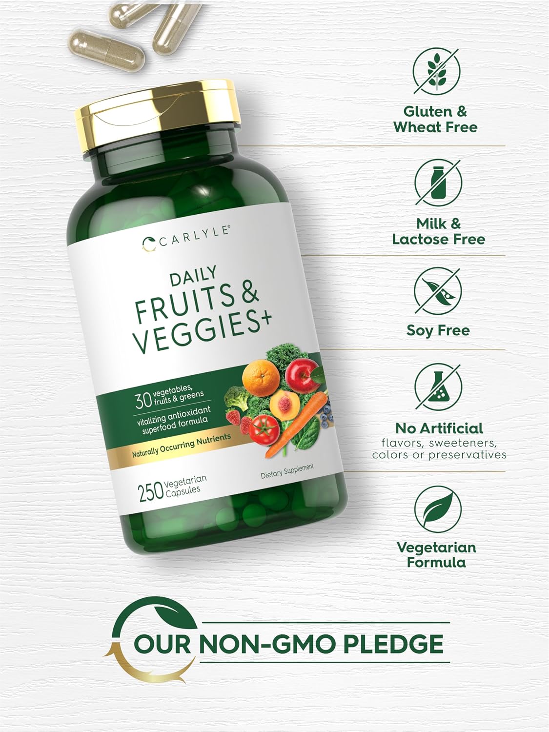 Fruits and Veggies Supplement | 250 Capsules | Made with 30 Fruits and Vegetables | Vegetarian, Non-GMO, Gluten Free