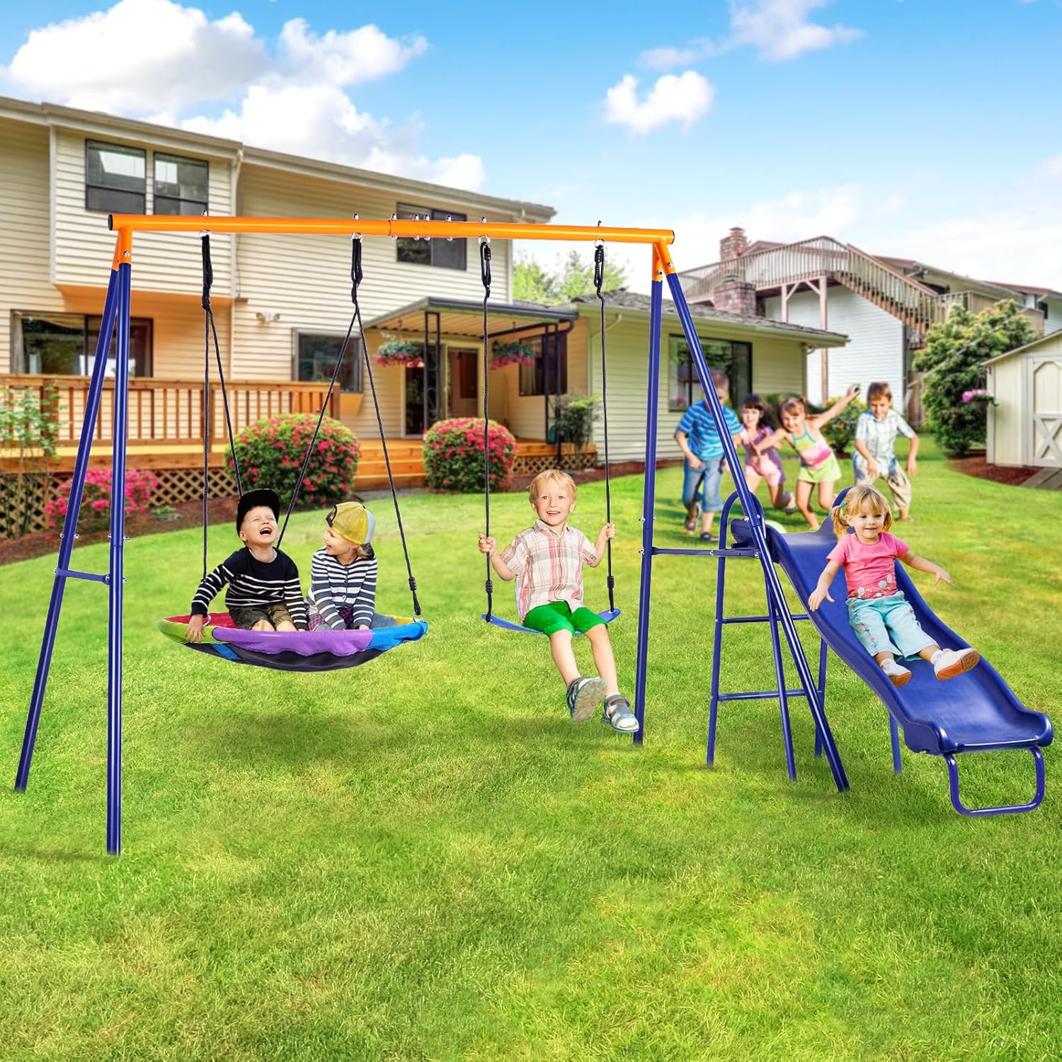 Swing Set for Backyard with Kids Slide 440lbs Heavy-Duty Metal A-Frame 1 Saucer Swing Seat 1 Swings Seat & 1 Slide