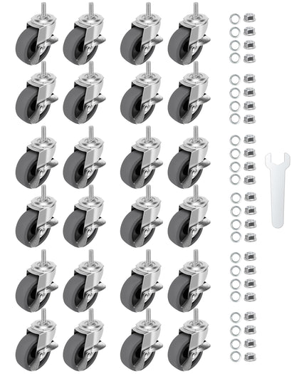 Caster Wheels, 3" Locking Swivel Threaded Stem Casters Set with Brake of 24