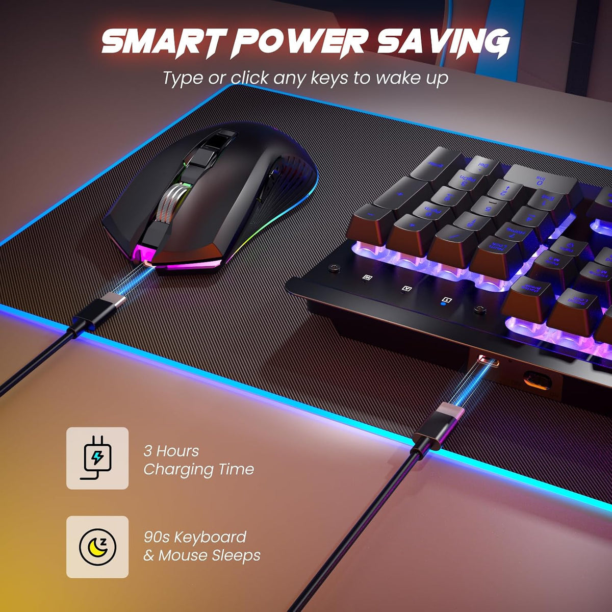 Wireless Gaming Keyboard and Mouse Combo, Metal Panel Light Up 3200DPI Mice