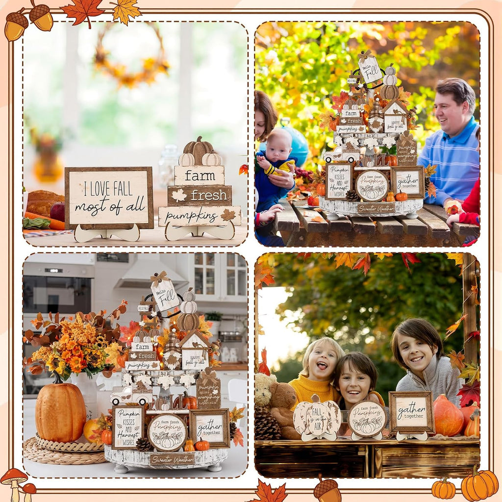 21 Pcs Fall Tiered Tray Decor Set, Rustic Farmhouse Thanksgiving Whitewashed Wooden Signs Gnome Truck Pumpkin Wood