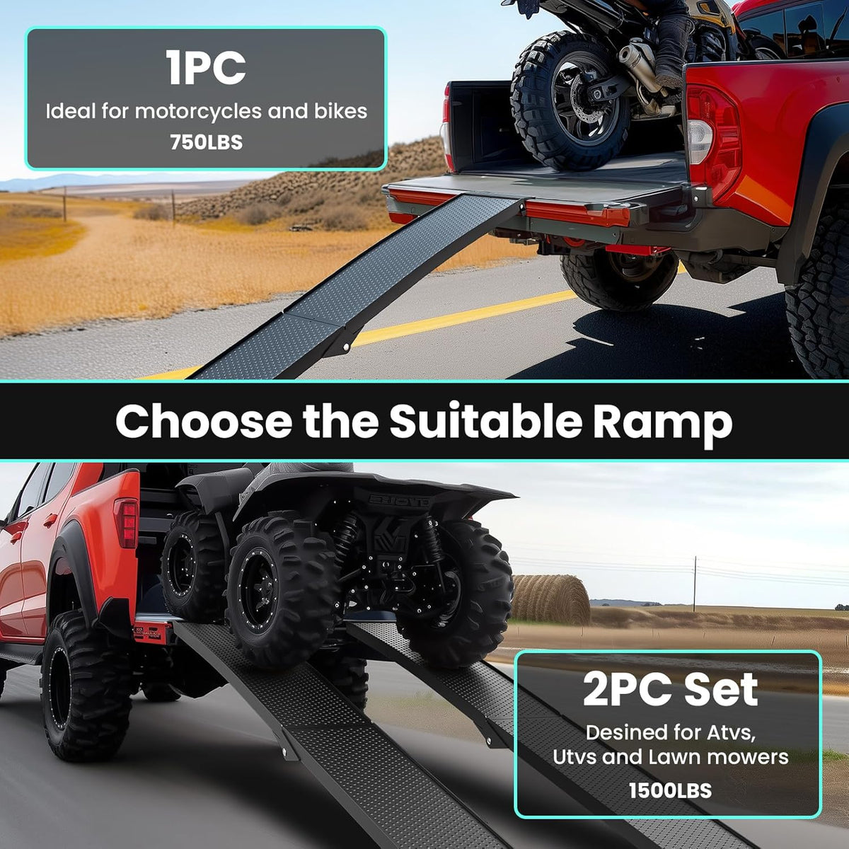 7.5FT Aluminum Truck Ramps, 1500lbs Capacity Folding Loading Ramps, 2 PCS Heavy Duty ATV Ramps for Pickup Trucks