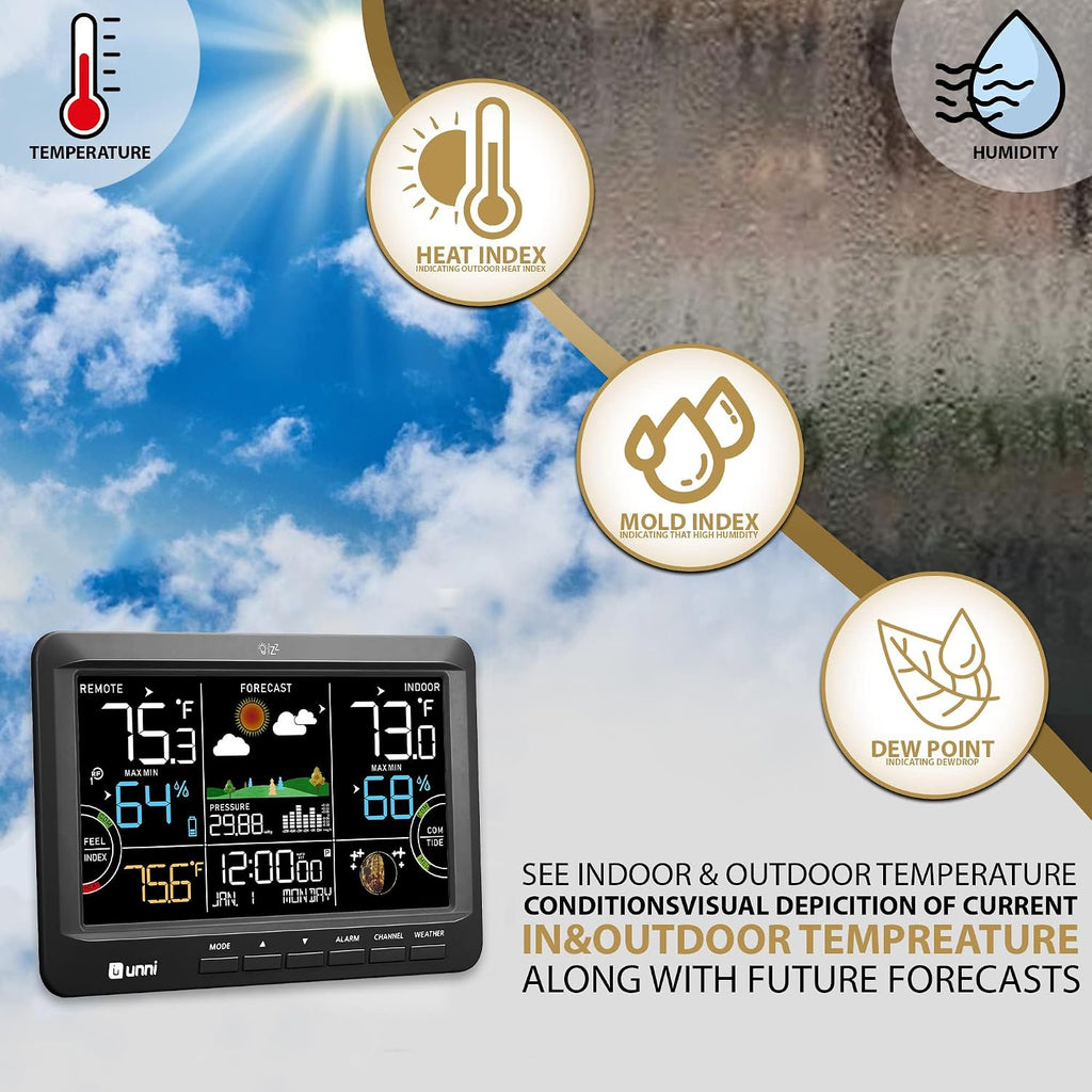 Weather Station Indoor Outdoor Thermometer Wireless Atomic Clock Black | Home Atomic Clock Large Constant Display