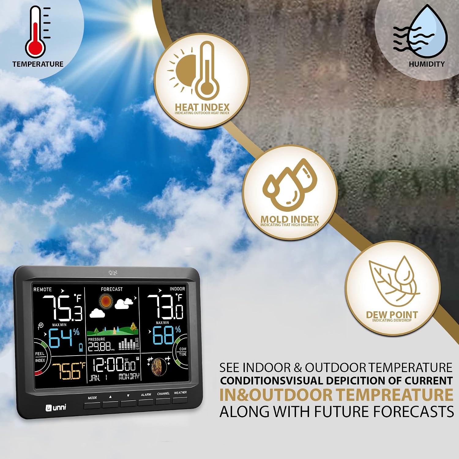 Weather Station Indoor Outdoor Thermometer Wireless Atomic Clock Black | Home Atomic Clock Large Constant Display