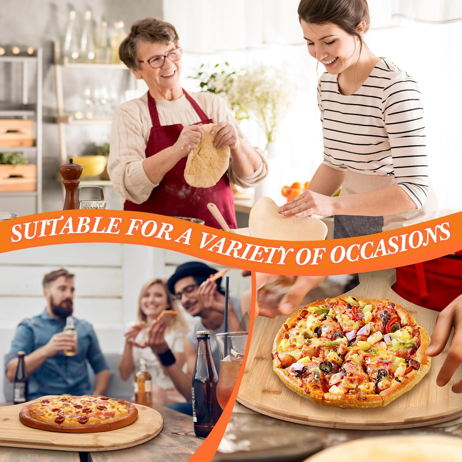 3 Pcs Round Pizza Stone Set, 12" x 17" Bamboo Pizza Peel with Foldable Wooden Handle & Rocker Cutter Addle Cutting