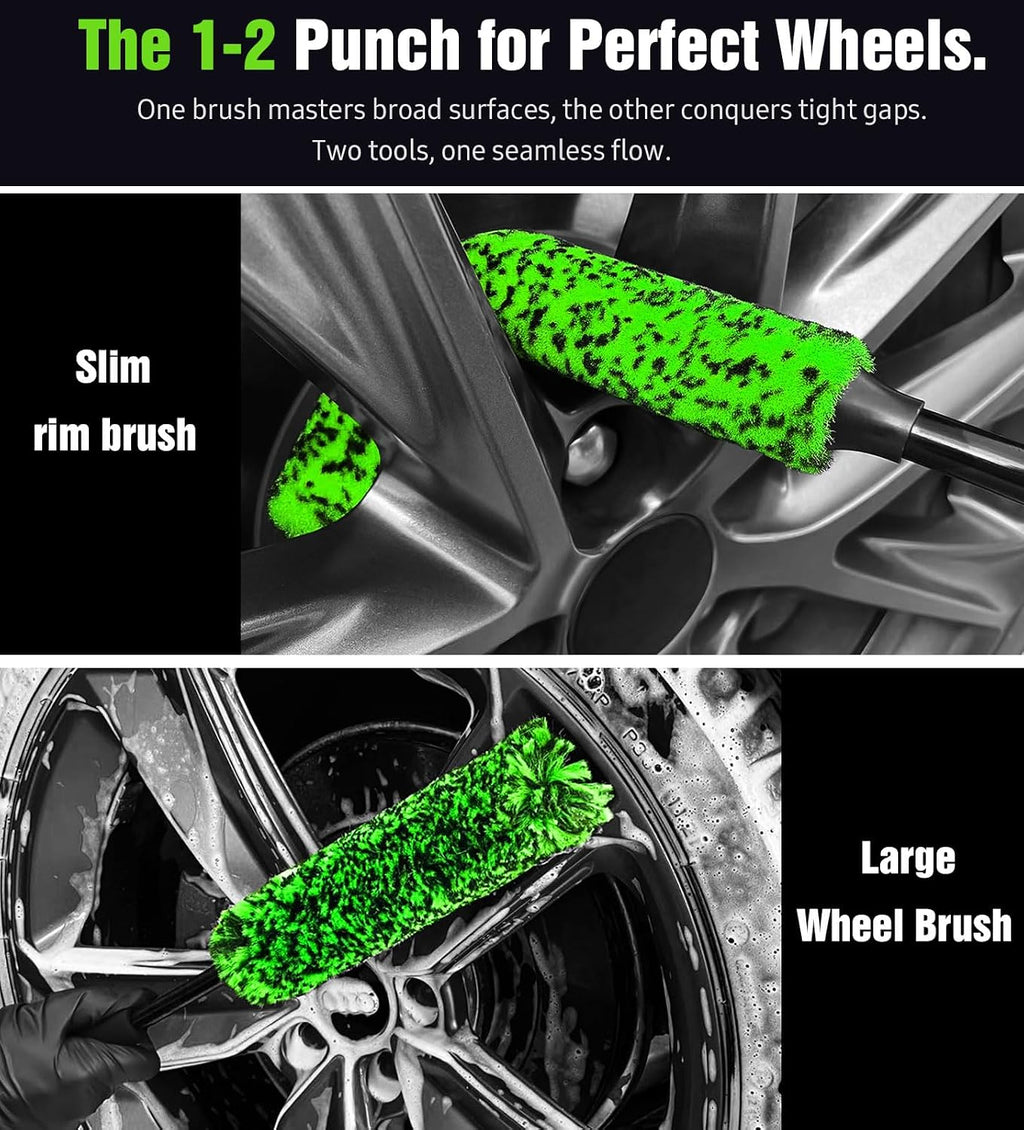3PCS Quick Car Wheel Brush Kit, 360° Bendable Rim Cleaner, Green | 2-Size Flexible Rim Cleaning, Boars Hair Detailing