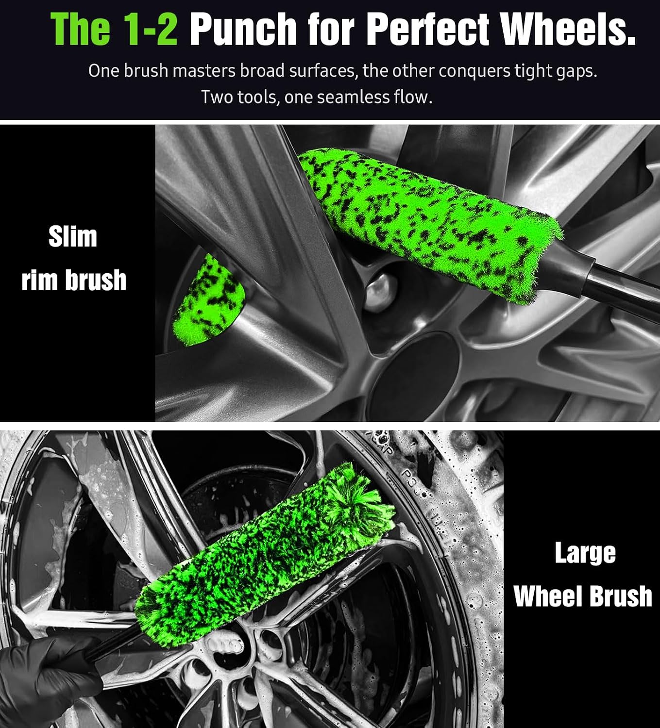 3PCS Quick Car Wheel Brush Kit, 360° Bendable Rim Cleaner, Green | 2-Size Flexible Rim Cleaning, Boars Hair Detailing