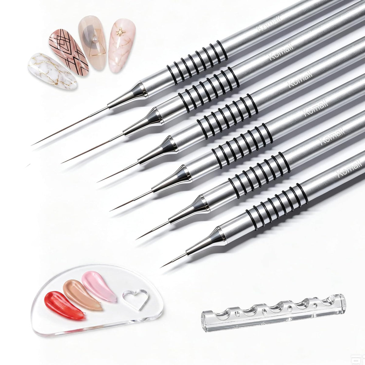 Metallic Nail Art Brushes, 6Pcs Non-slip Liner Brushes Set, Silver