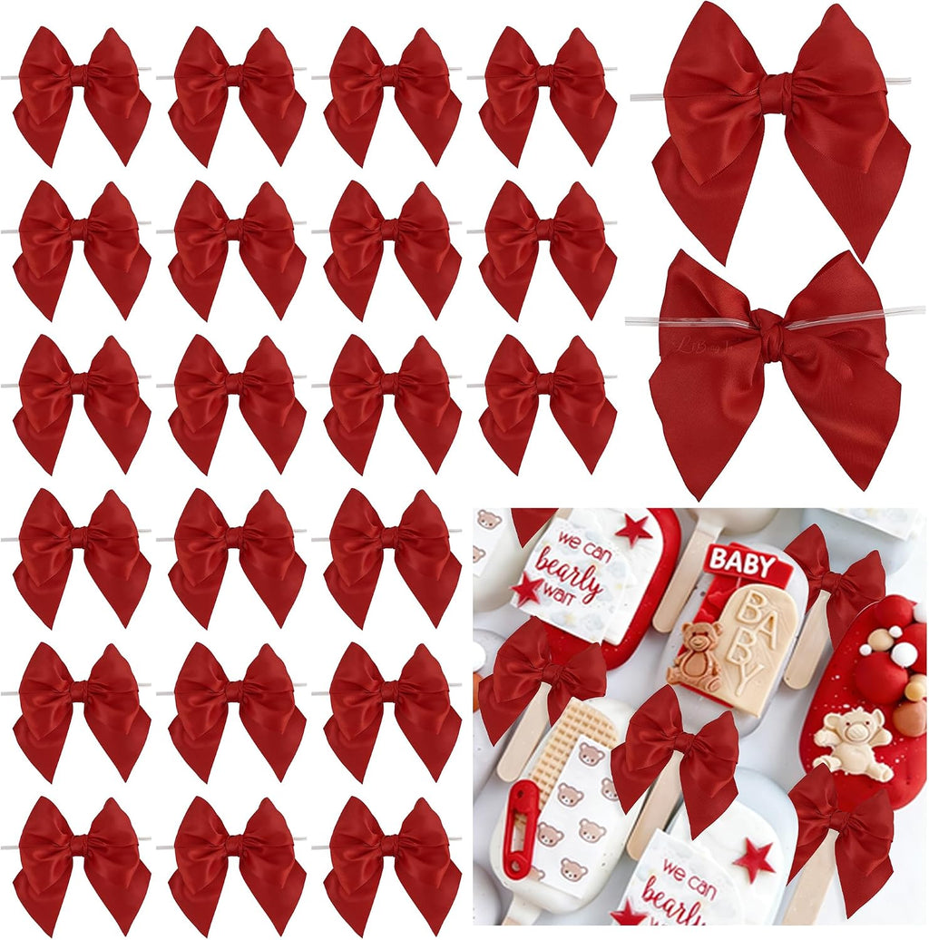 4 Inch Red Christmas Twist Tie Small Satin Ribbon Bows 24 Counts