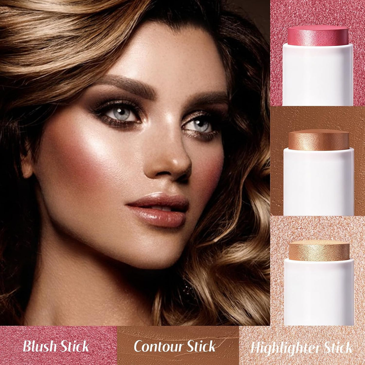 Face Sticks Trio, Blush, Highlighter & Contour Stick for Face Makeup