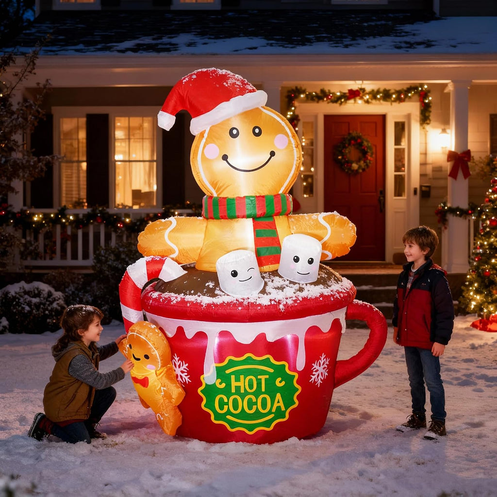 6 FT Christmas Inflatables Outdoor Decorations, Cute Christmas Blow Up Yard Decorations Gingerbread Man in Hot Cocoa