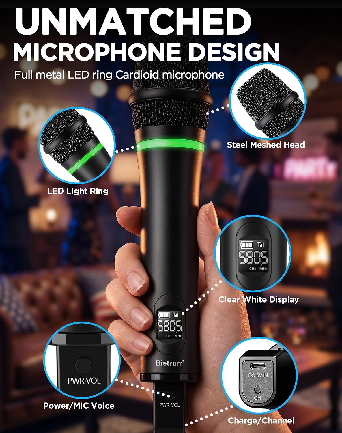 XLR Wireless Microphone, Rechargeable Dual Metal Cordless Handheld Dynamic Mics for Mixer, Audio Interface, PA