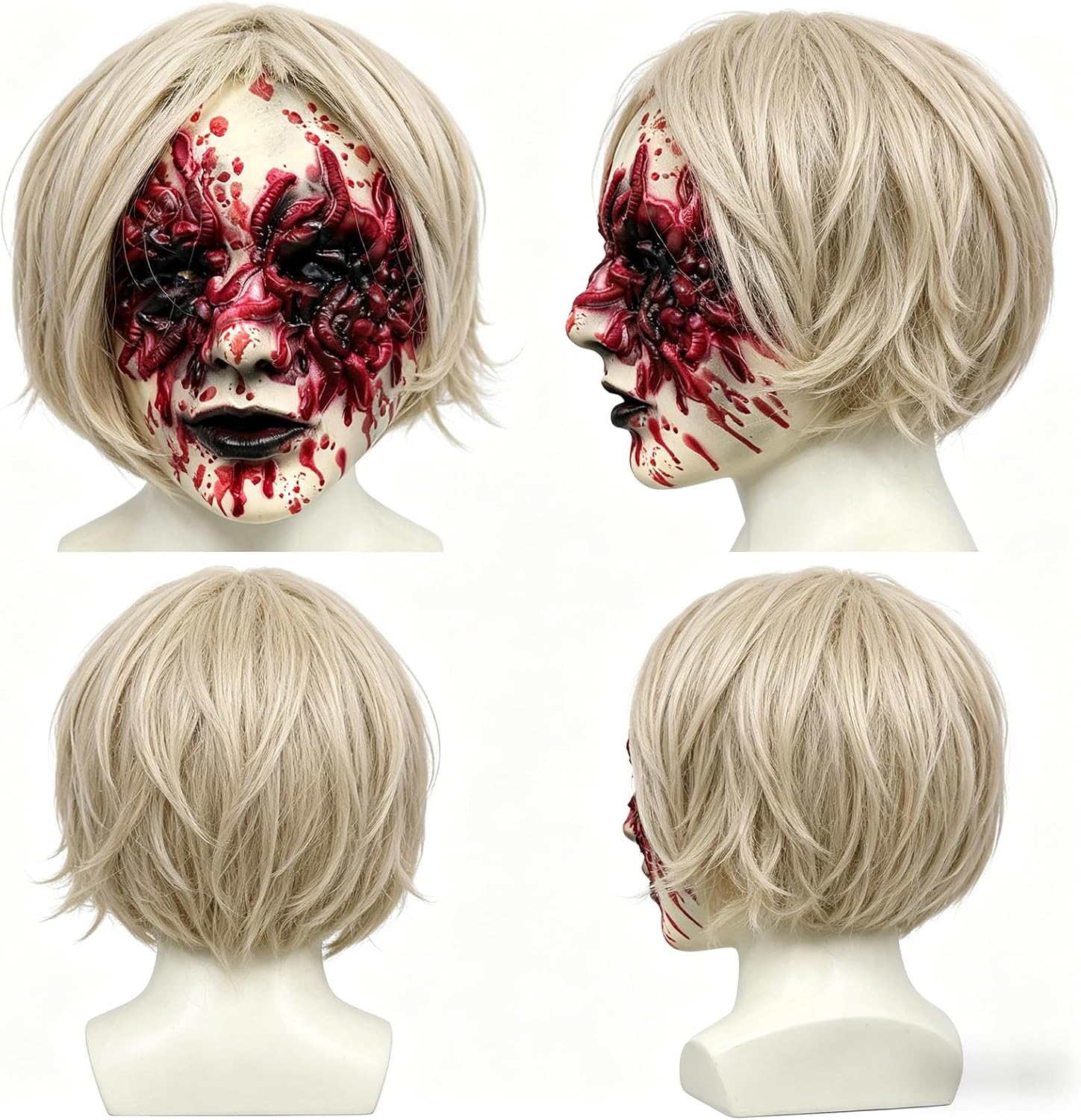 Halloween Scary Demon Mask Bloody Sucking Worm Face Mask with White Wig | Raised Worm Details, Blood Spatter Effect