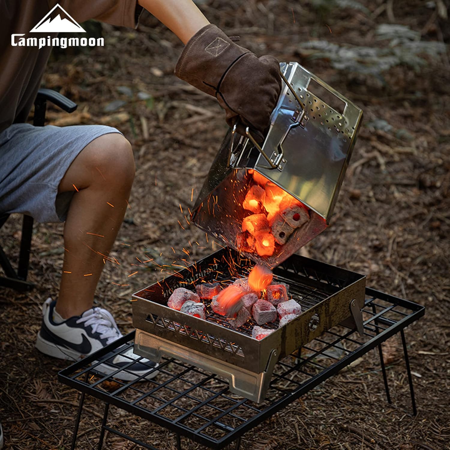 CAMPINGMOON Foldable Collapsible Charcoal Chimney Starter Barbecue BBQ Camping Grill Stainless Steel MT-19