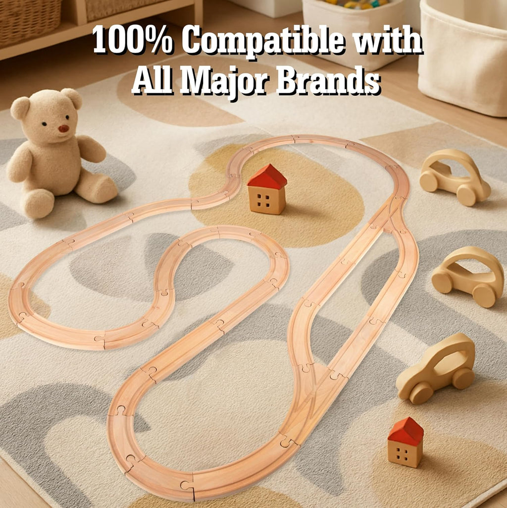 Wooden Train Track 52 Piece Set-18 Feet Of Track Expansion - 5 Distinct Pieces - 100% Compatible with All Major