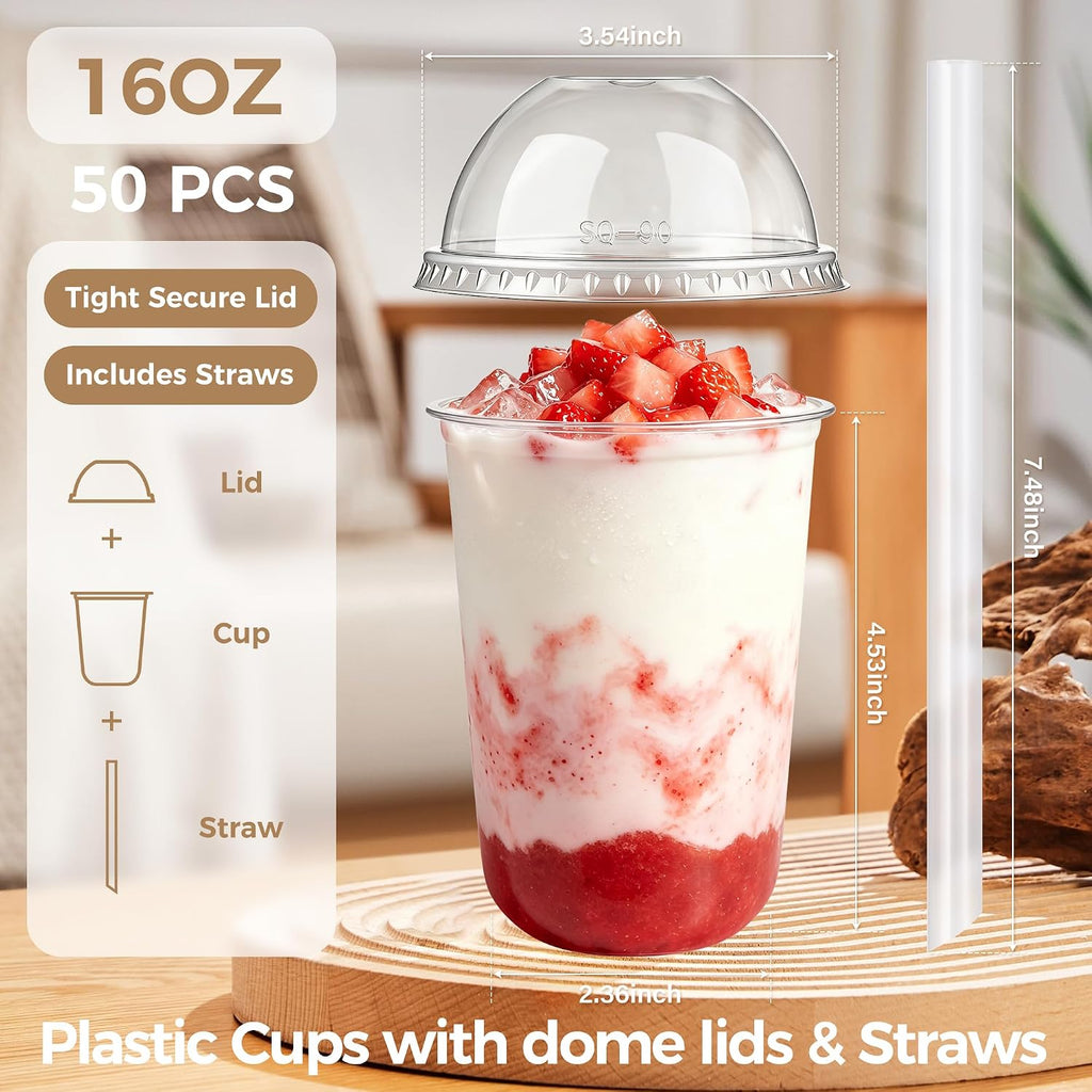 50 Pcs 16 oz Clear Plastic Slushie Cups with Dome Lids and Straws