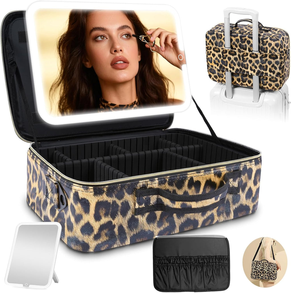 15''X11'' Large Makeup Bag with Removable Lighted Mirror, PU Leather