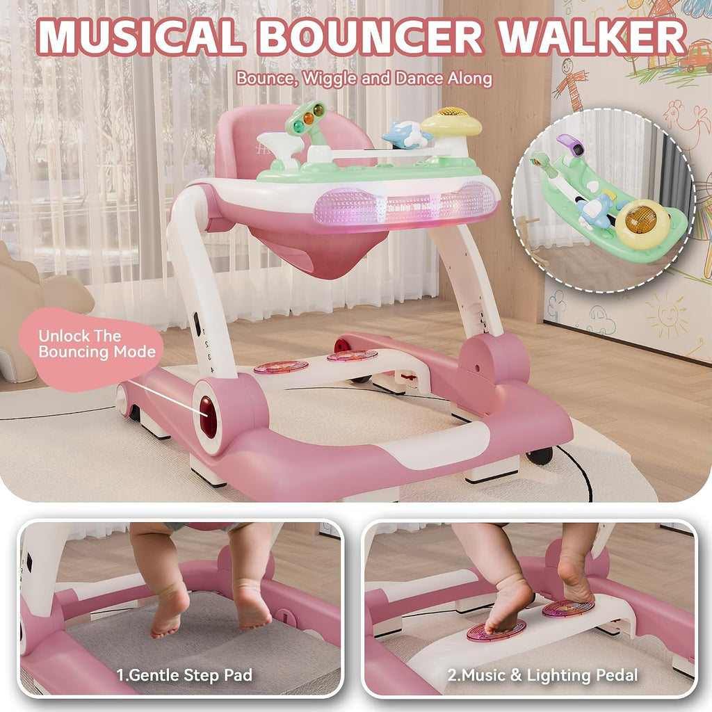 Baby Walker with Wheels, 5 in 1 Walker for Baby Boy Girl 6-12 Months with Bouncer, Music and Lights Baby Jumper
