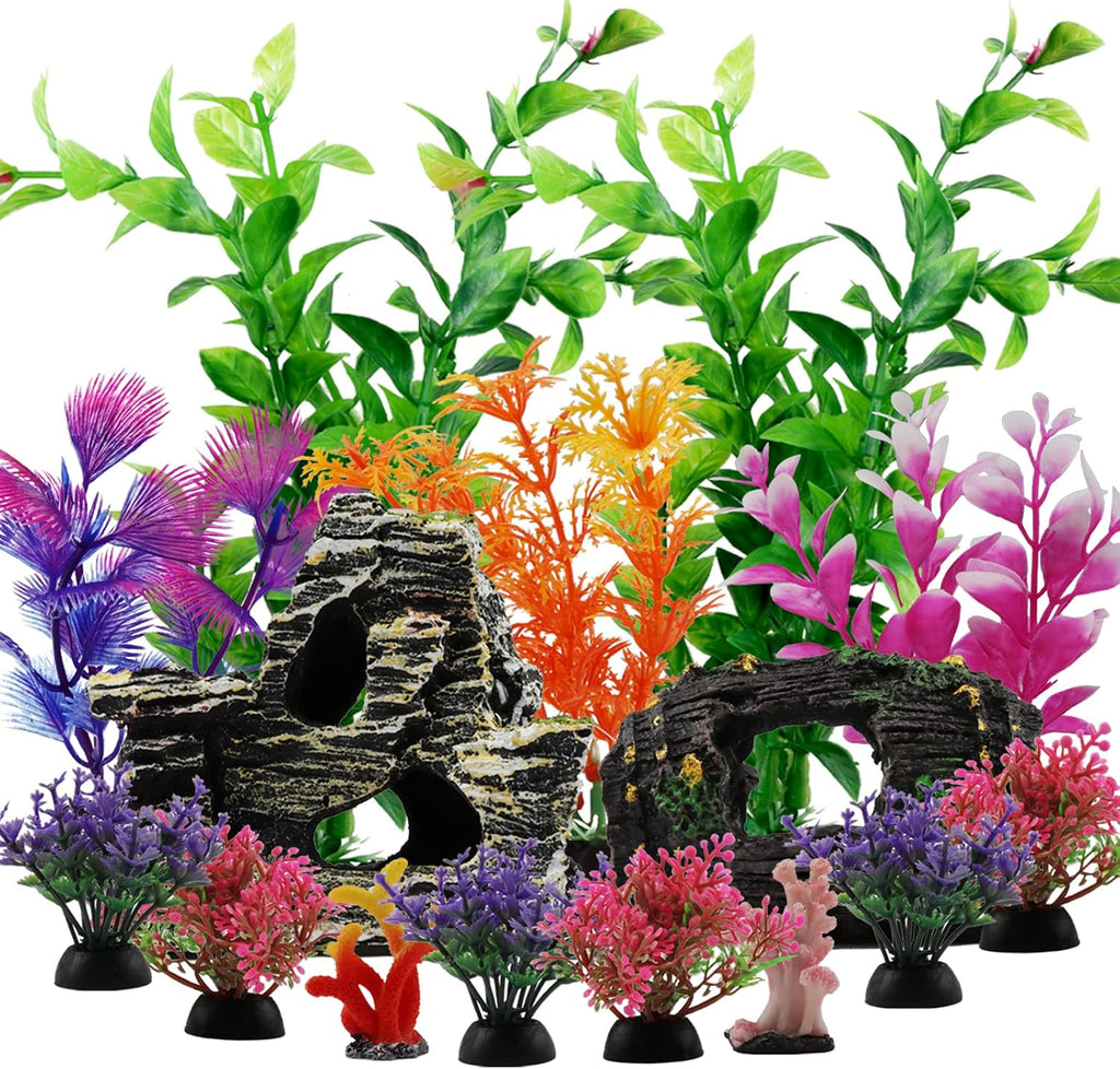 Fish Tank Decorations Plants with Resin Broken Barrel and Cave Rock View, 15pcs Aquarium Decorations Plants