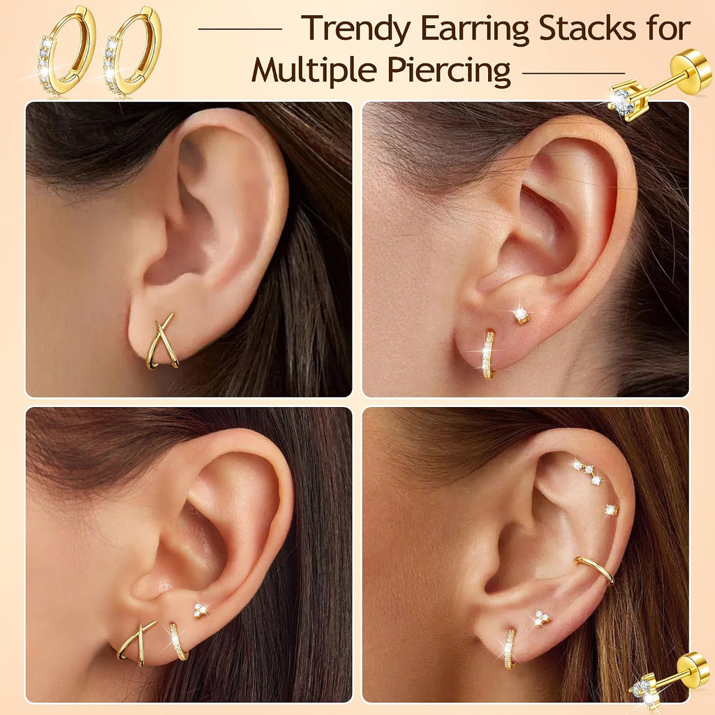 7 Pairs Gold Earrings for Women - Hypoallergenic 14K Gold Plated Stud & Hoop Cartilage Earring Sets Lightweight Helix