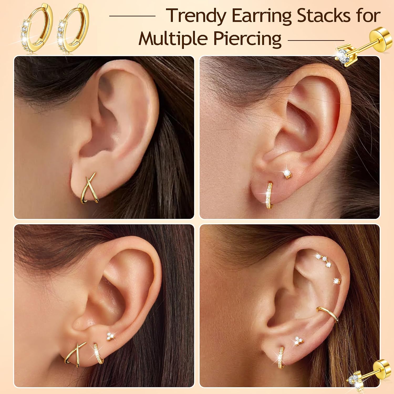 7 Pairs Gold Earrings for Women - Hypoallergenic 14K Gold Plated Stud & Hoop Cartilage Earring Sets Lightweight Helix