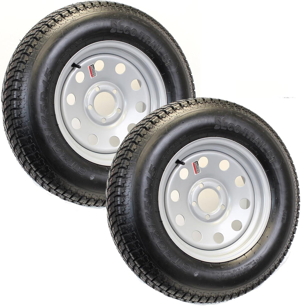 2-Pack Trailer Tire Rim Assembly ST205/75D15 F78-15 5 Lug Silver