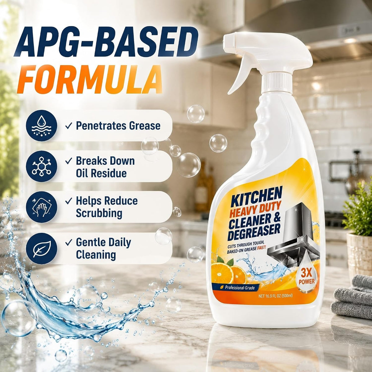 Kitchen Degreaser Spray, Heavy Duty Foaming Grease Remover, 16.9 fl oz