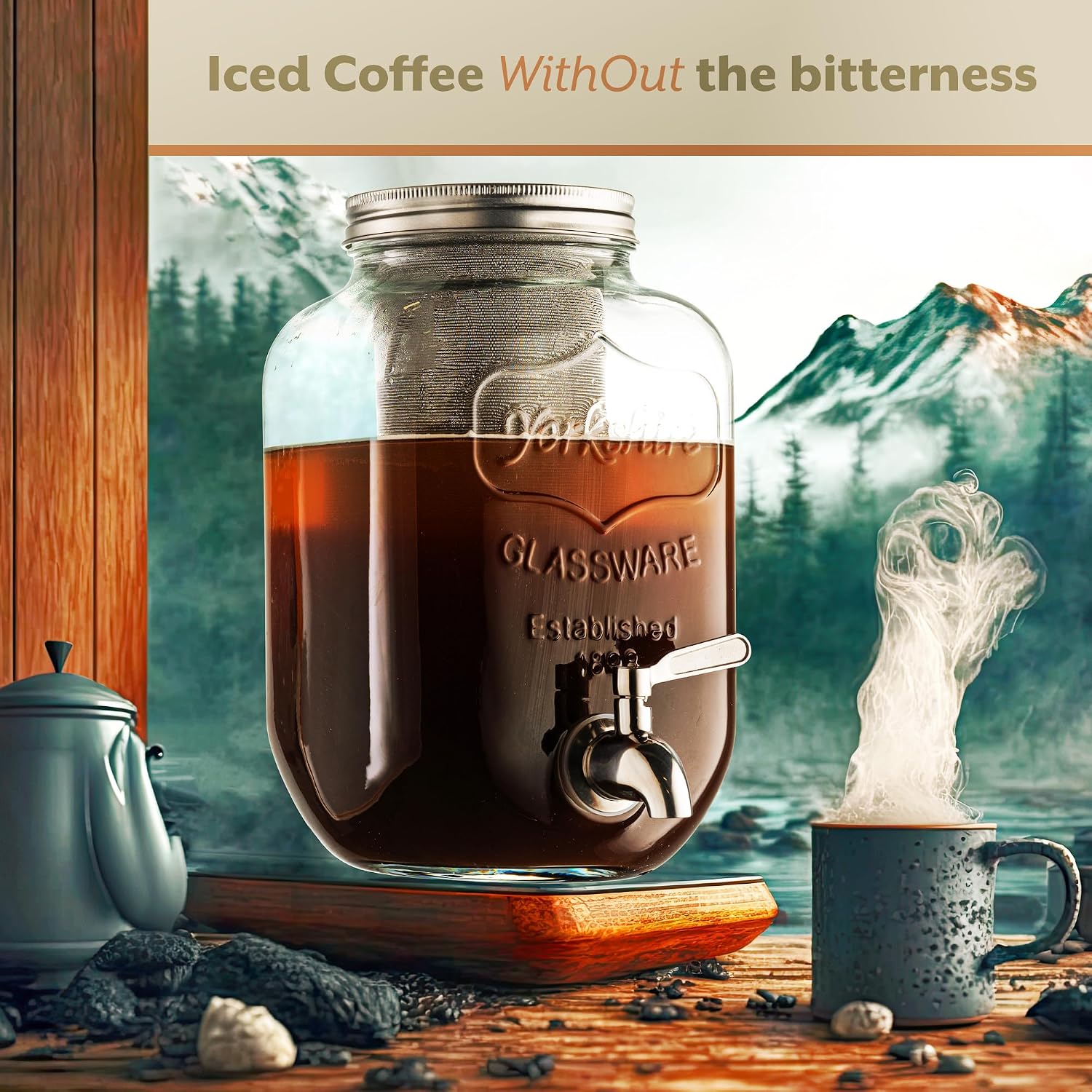 1 Gallon Cold Brew Coffee Maker - 3rd Generation Fine Mesh Filter - Stainless Steel Spigot - Extra Thick Large Glass