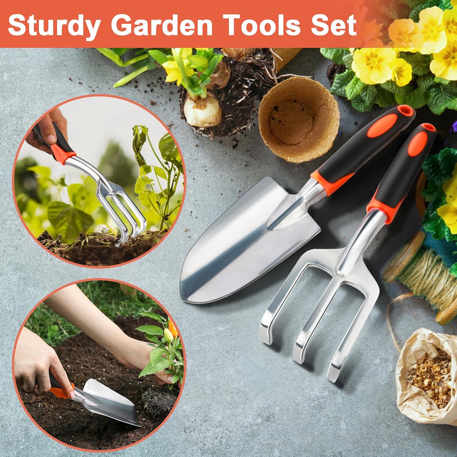 Garden Tool Set, 2 Pack Heavy Duty Gardening Tools Set Include Garden Shovel and Hand Rake Claw Tool with Ergonomic