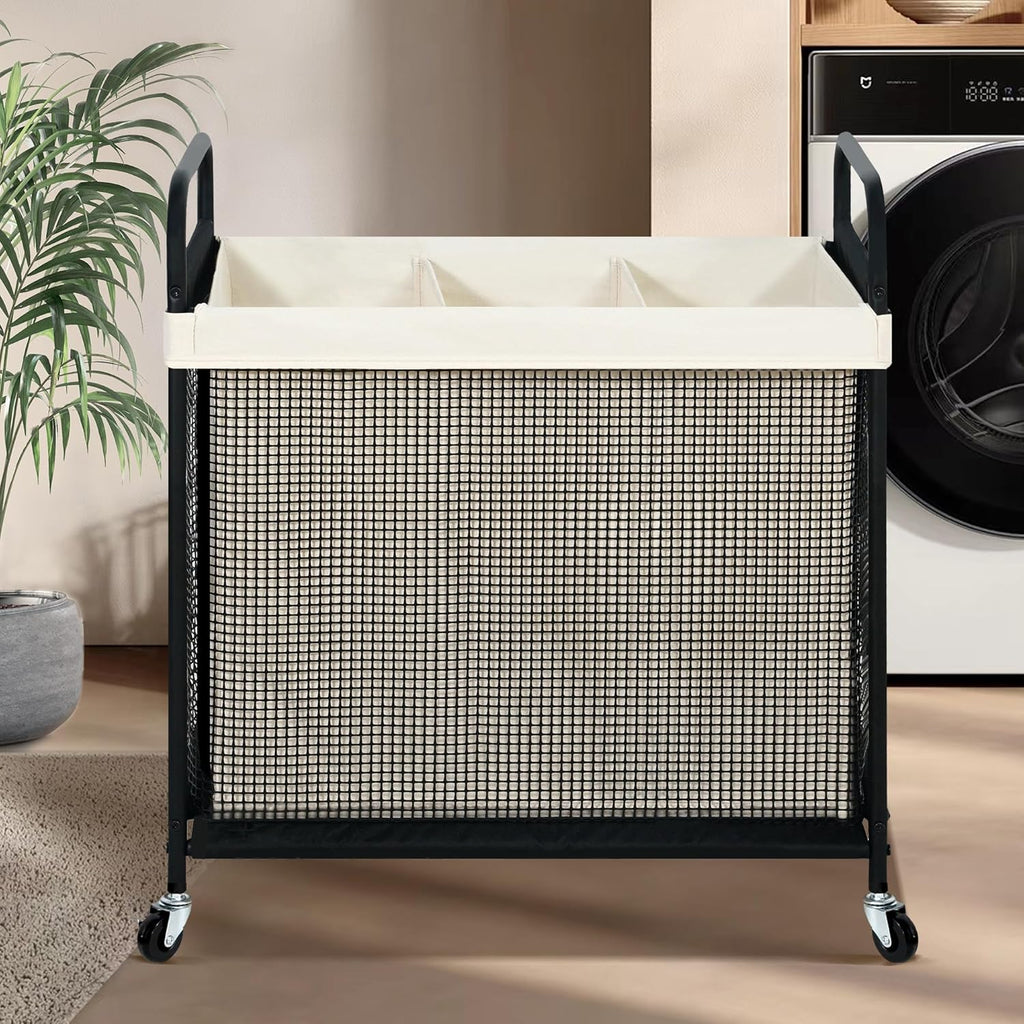 Laundry Hamper 3 Section, 120L Rolling Laundry Sorter Cart with Removable and Washable Liner Bag, Clothes Hamper with