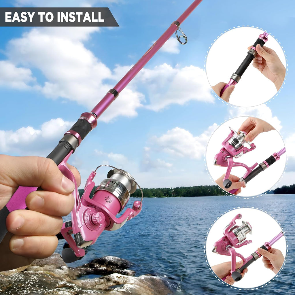 Fishing Rod and Reel Combos, Fishing Gear Gifts for Women with Spinning Reel, Lures, Line, Pink Ladies Telescopic