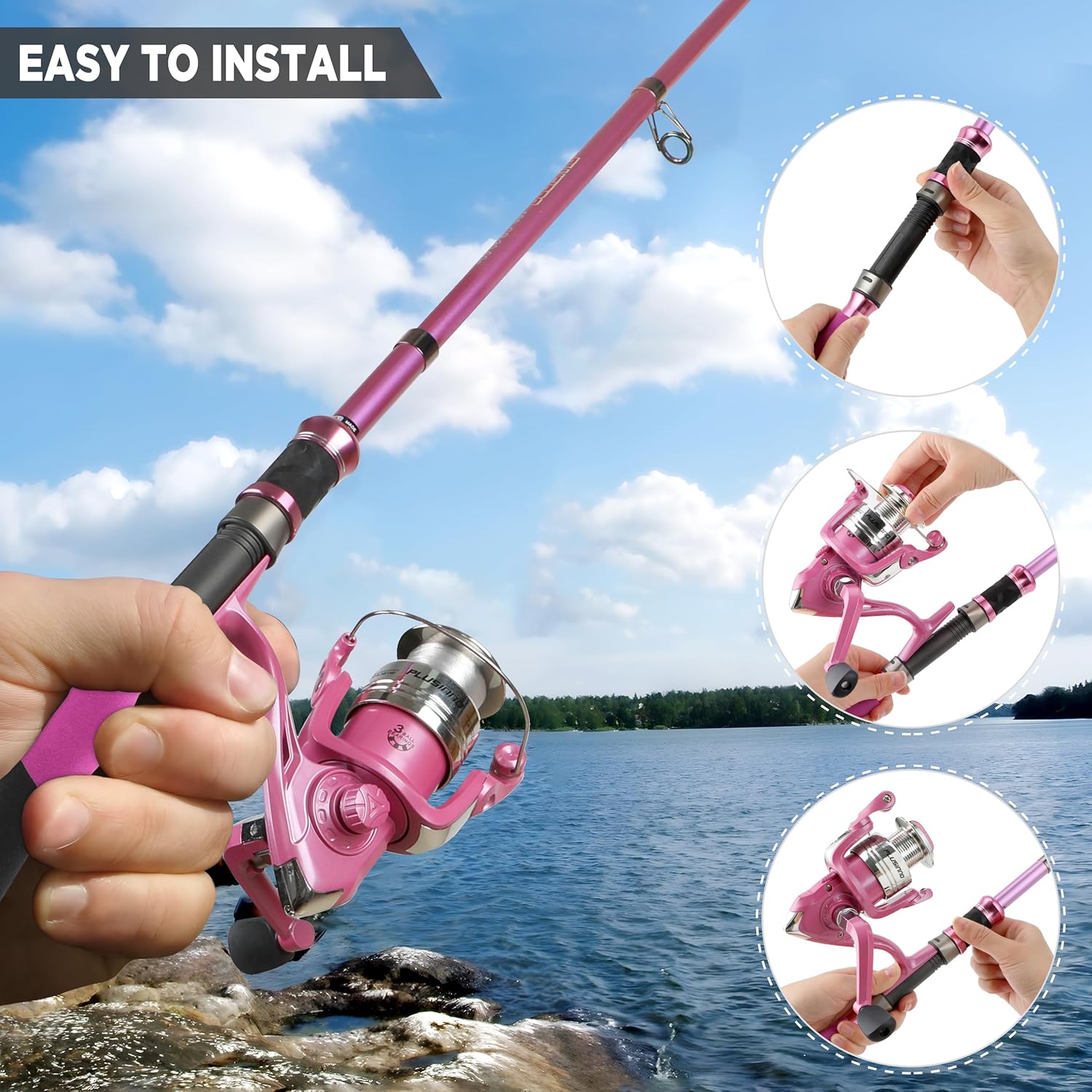 Fishing Rod and Reel Combos, Fishing Gear Gifts for Women with Spinning Reel, Lures, Line, Pink Ladies Telescopic