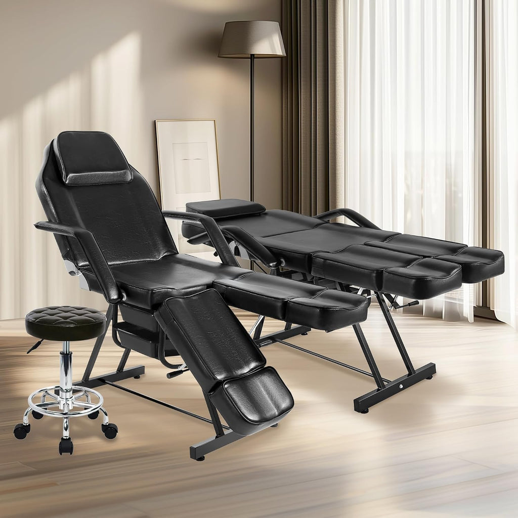 Tattoo Chair for Client, Facial Bed Esthetician Massage Headrest Table with Rolling Stool, Split Legs Design