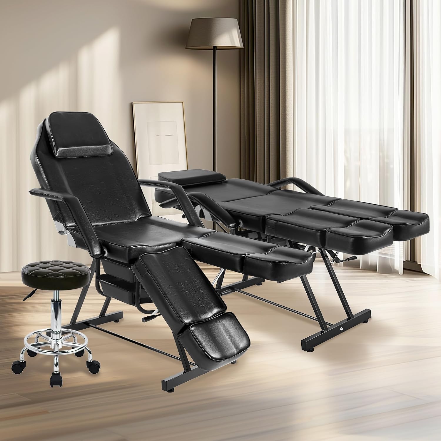 Tattoo Chair for Client, Facial Bed Esthetician Massage Headrest Table with Rolling Stool, Split Legs Design