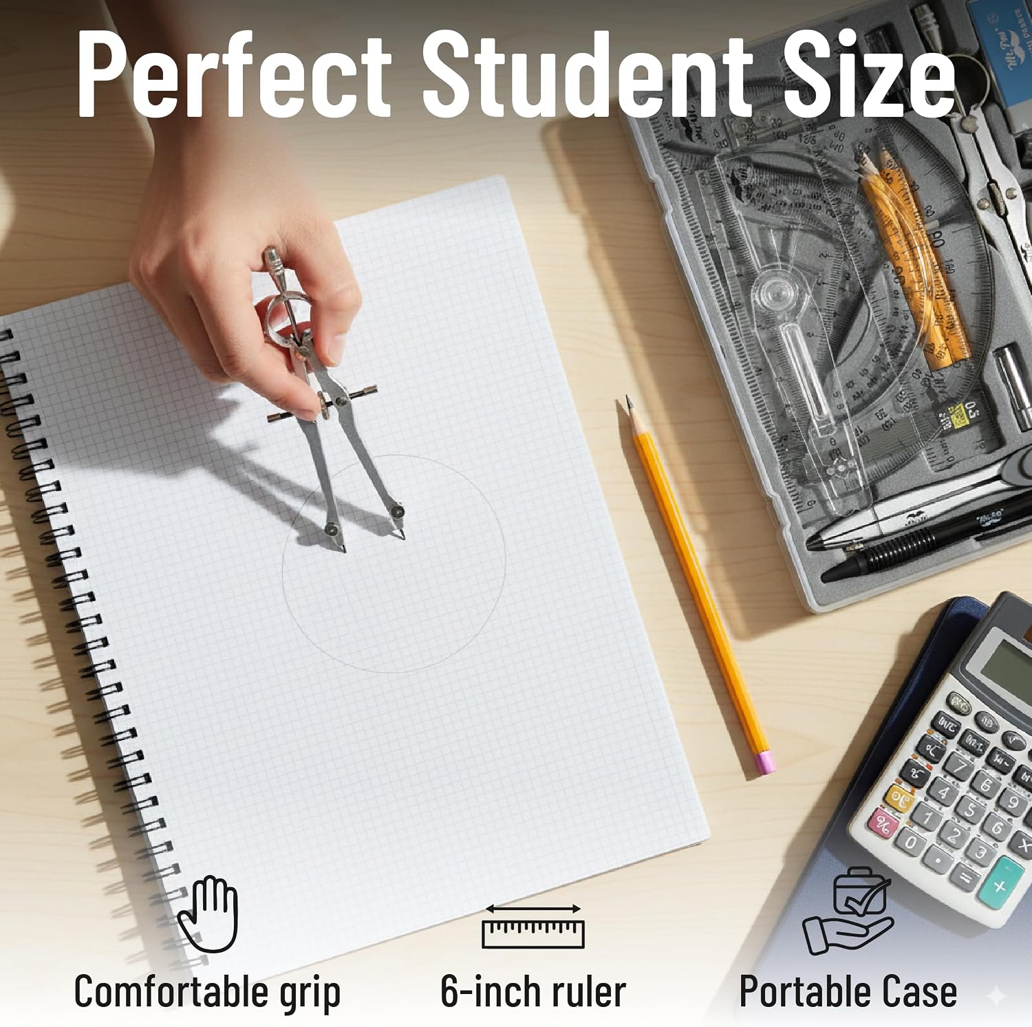 Geometry Set, 15 Piece Set with 6 Inch Swing Arm Protractor | IncludesMetal Divider, Set Squares, Ruler, Compasses