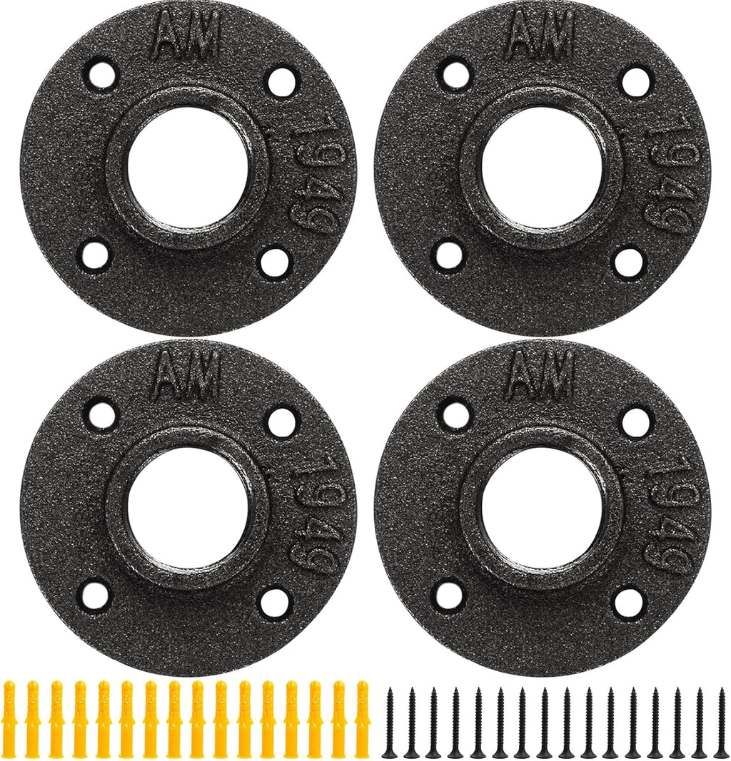 Floor Flange - 1-1/4" Malleable Iron Pipe Fittings, 4 Threaded Holes, Vintage Style for DIY, 4 Pack