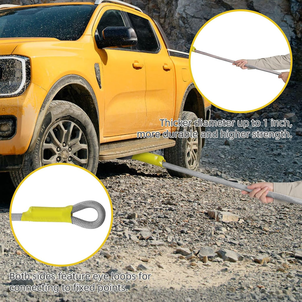 1" x 30' Kinetic Recovery Tow Rope (48,500lbs) with 2 Soft Shackles (56,000 lbs), Heavy Duty Offroad Towing Straps