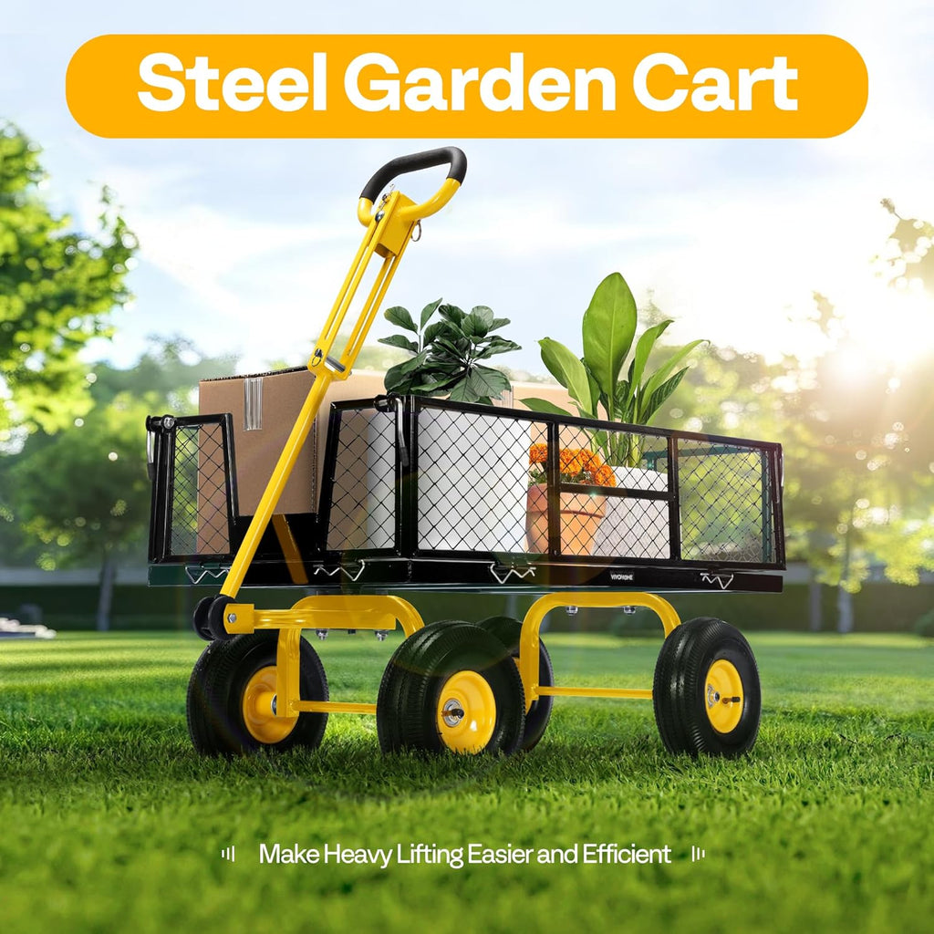 Garden Cart Steel Heavy Duty 900 LBS Yard and Garden Wagon with 10 inch Tire and Handle Attach to ATV or Tractor Black