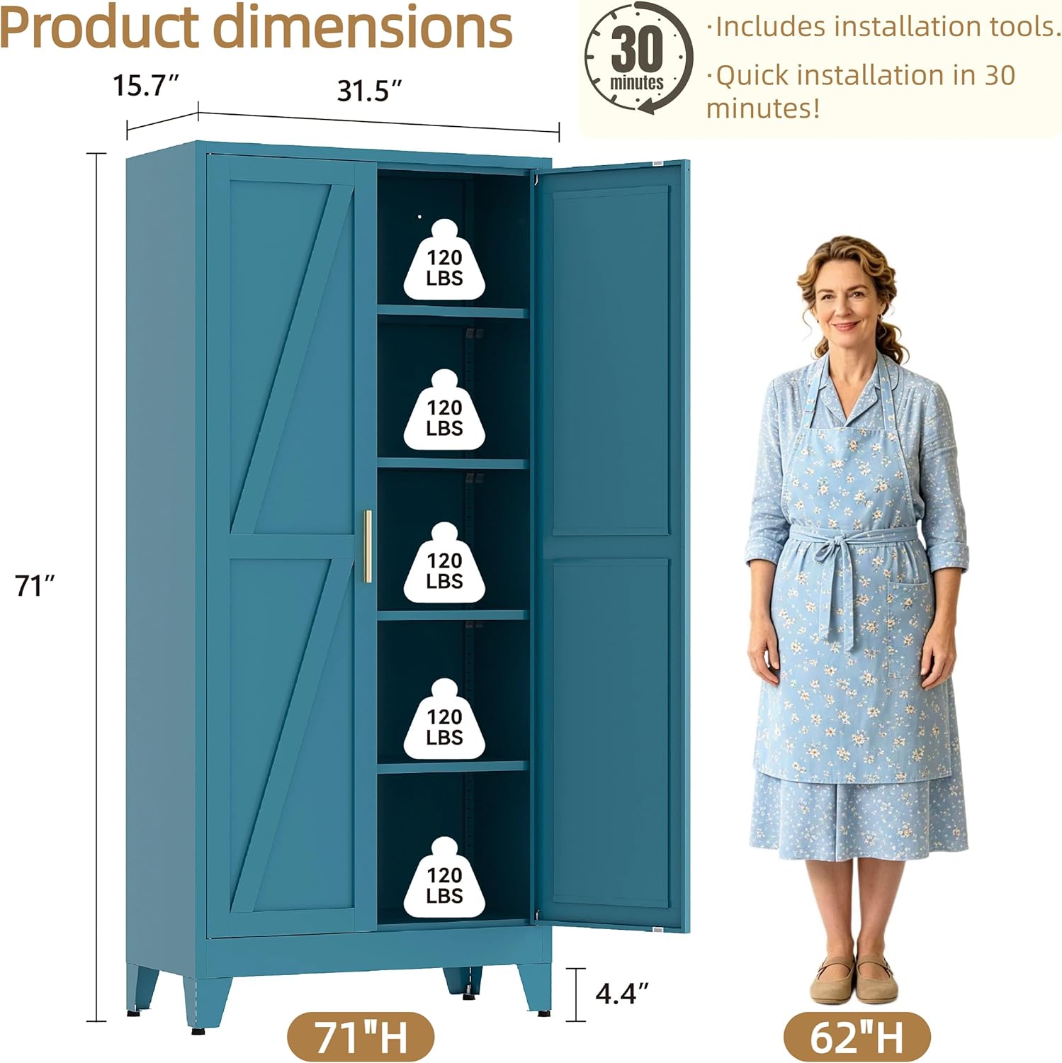 71”H Metal Kitchen Pantry Cabinet, Pantry Cabinets with 2 Doors and 4 Shelves, Kitchen Cabinet for Kitchen, Dining