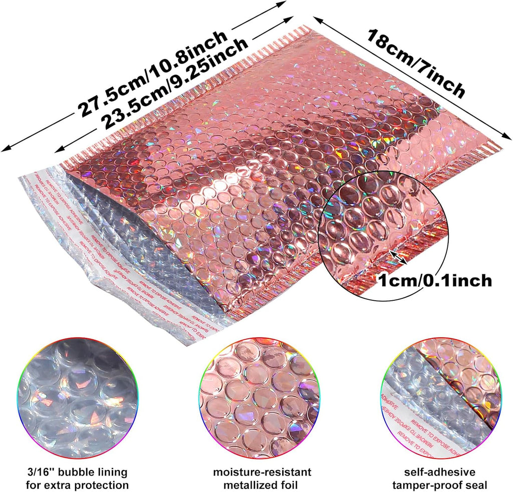 30 Pack Holographic Bubble Mailers, 11 x 7 Inch, Rose Gold