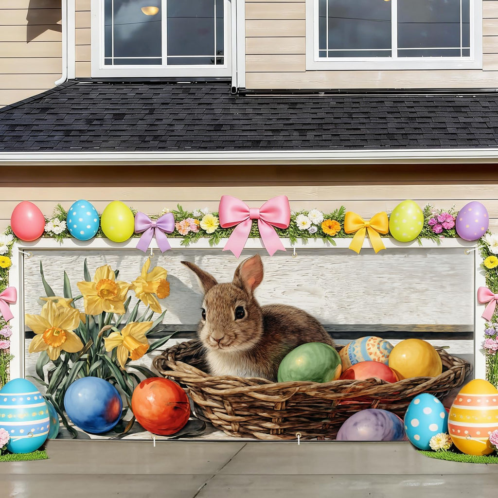 Easter Garage Door Cover Banner, Bunny in Basket with Colorful Easter Eggs and Daffodils, Rustic Spring Outdoor