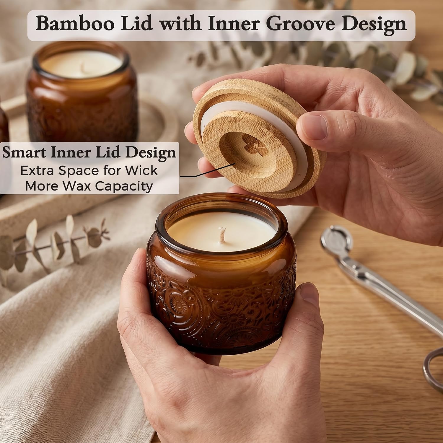 4 oz Mocha Sun Moon Stars Candle Jars with Bamboo Lids, 18 Pack | Patented Embossed Design, Includes Wick Centering