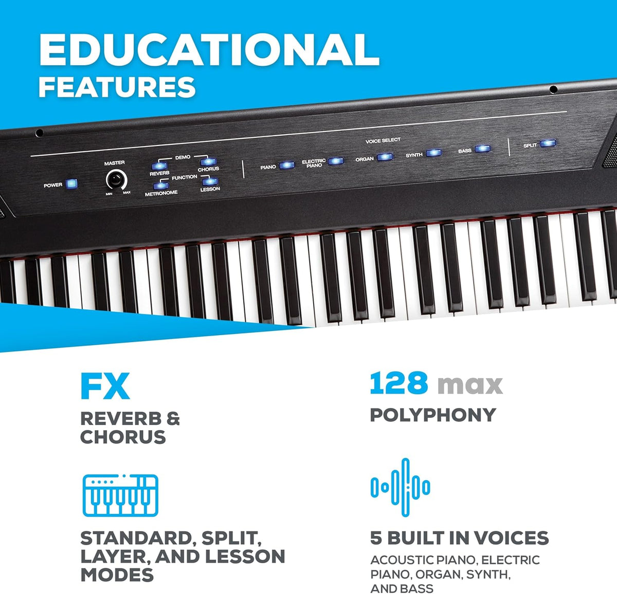 Recital 88-Key Digital Piano with Semi-Weighted Keys | 20W Speakers, 5 Voices, Split/Layer Modes, Adjustable Touch