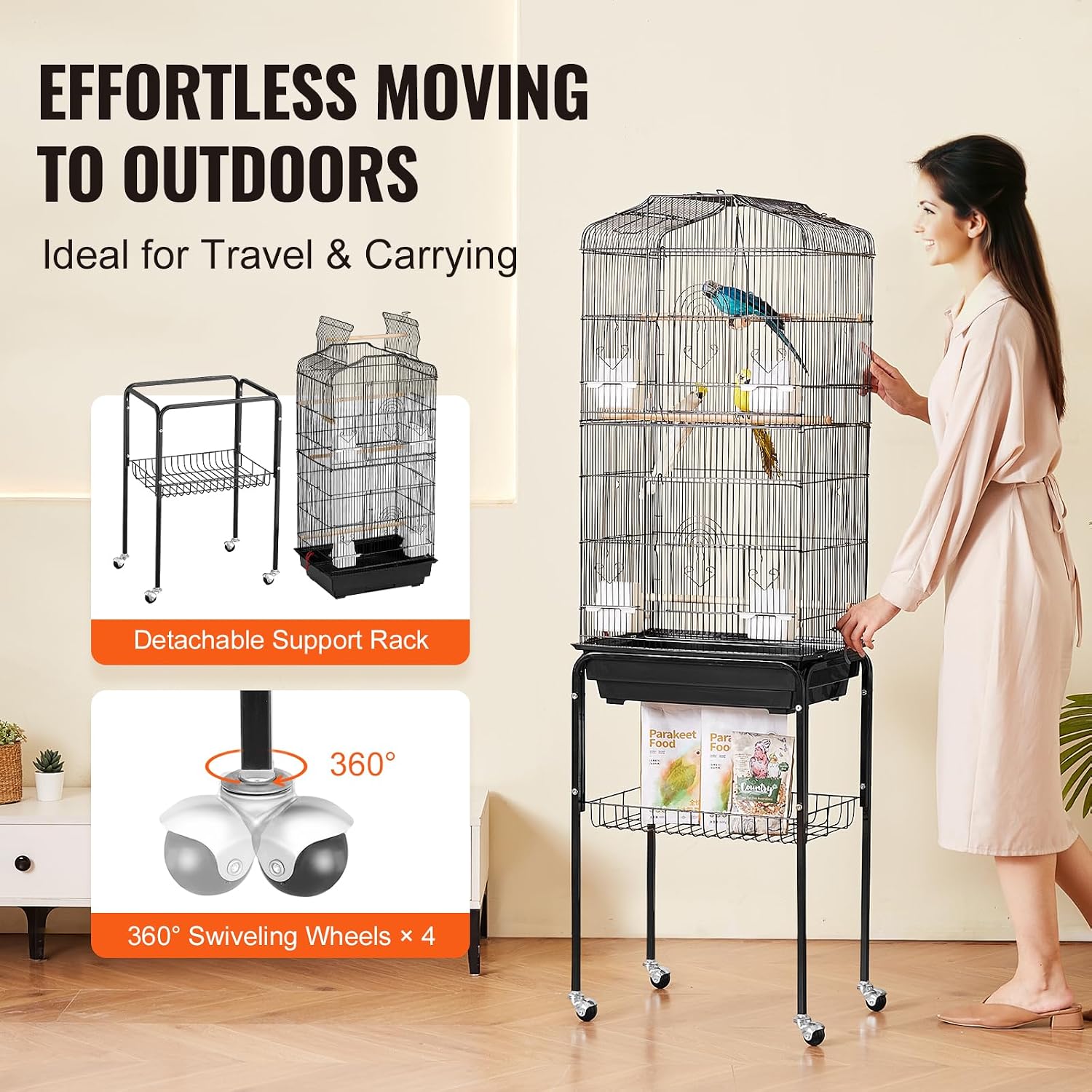 64-inch Open Top Large Parrot Bird Cage with Detachable Rolling Stand for Parakeets Finches Canaries Lovebirds