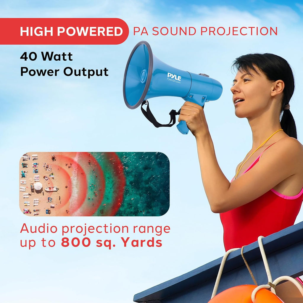 Portable Megaphone Bullhorn Speaker–50W Waterproof PA Loudspeaker with Built-In Siren, Adjustable Volume & Tone